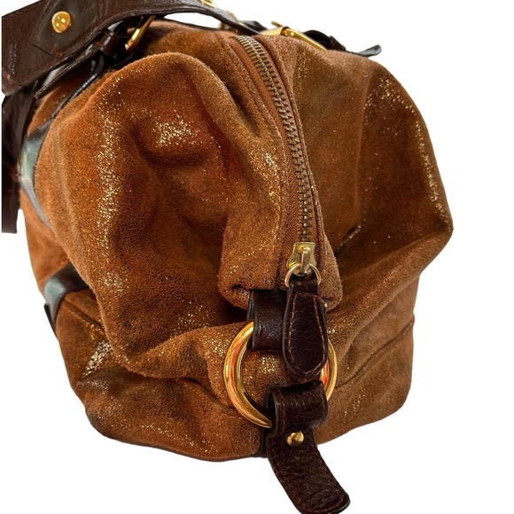 MARCIANO Metallic Brown Kid Skin and Leather Satchel Shoulder Bag Purse PreOwned - Picture 6 of 10